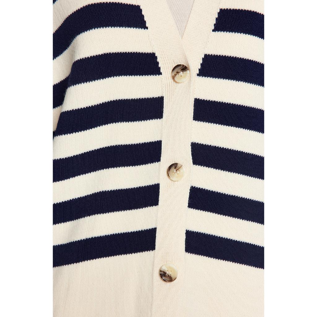 Stein Marineblau V-Ausschnitt Gestreifter Strickwaren-Cardigan Tctaw24th00034