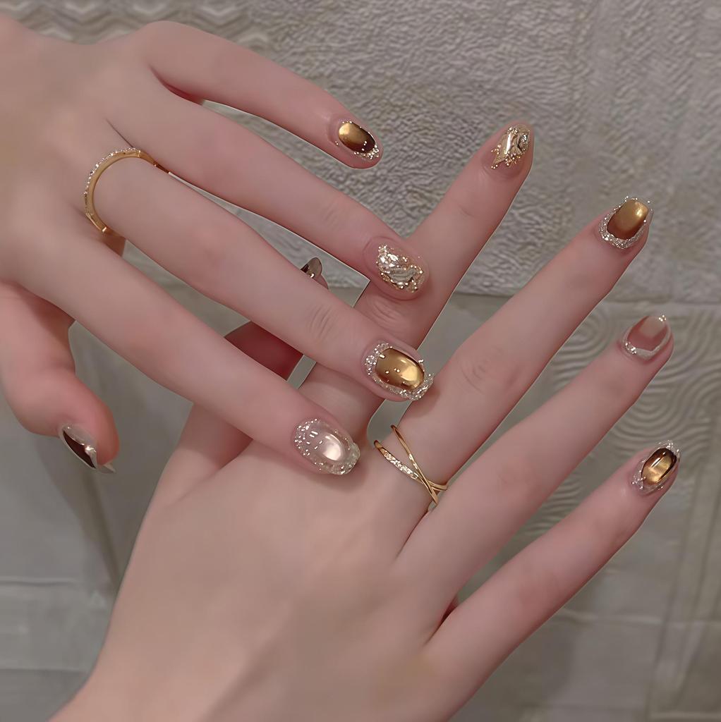 Brown Crystal Realm: Autumn/Winter Melade Glass Beads Cat Eye Nail Art - Elegant, Skin-Brightening, Pure Handmade
