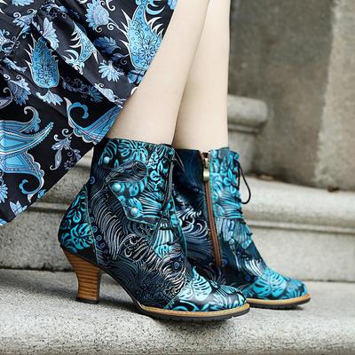 Damenschuhe Sandalen aus echtem Leder, modische und elegante geprägte handbemalte Retro-High-Heel-Schuhe