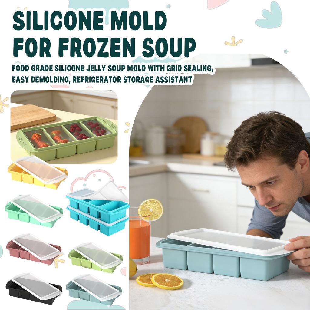 Silikon-Suppenform, 4-Fächer-Eiswürfelform, Haushalts-Lebensmittelaufbewahrungsbox mit Deckel, Stapelbar, Geeignet zum Einfrieren von Suppenbasen und zur Essensvorbereitung.