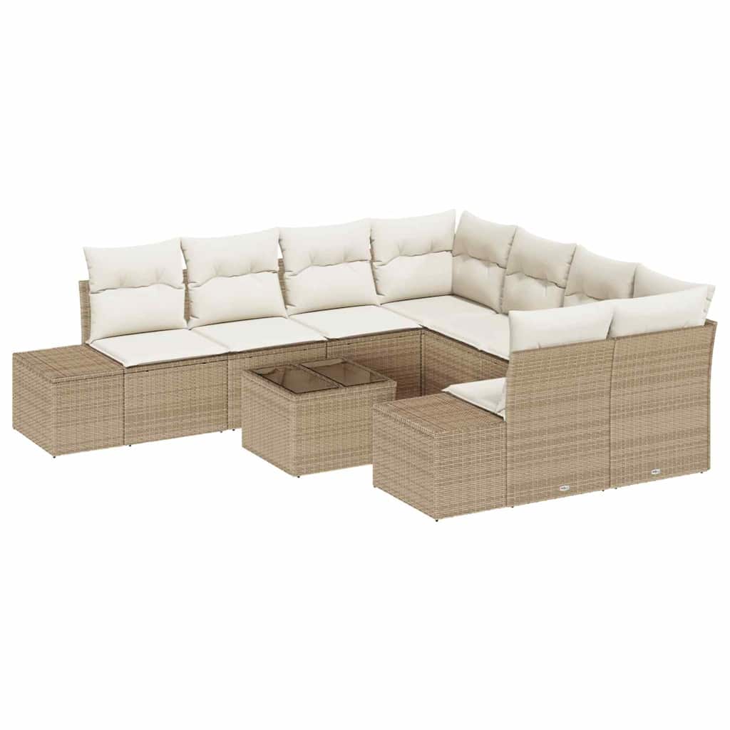 9 Piece Beige Poly Rattan Sofa Set with Cushions