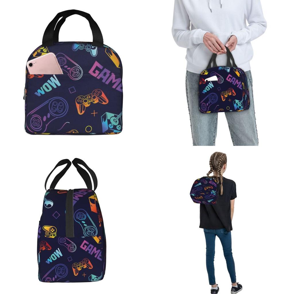 Cartoon Game Console Pattern Insulated Lunch Bag Thermal Bag Lunch Container Portable Tote Lunch Box Men Women Beach Picnic