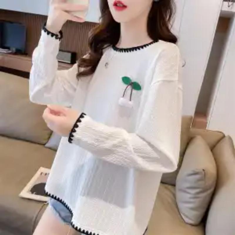 Lace Collar Foreign Style Top Korean Style Loose Round Neck Long Sleeve T-shirt for Women