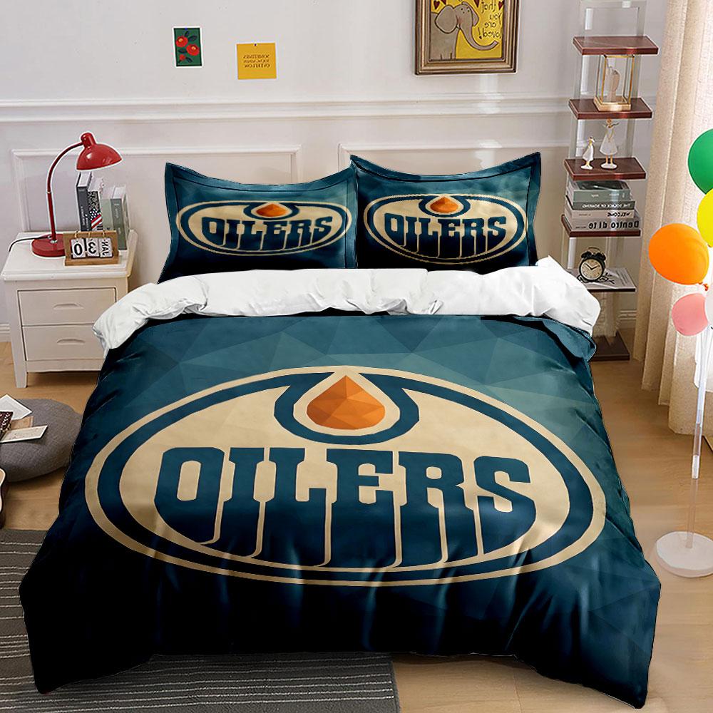 Oilers Logo On Geometric Blue Background Print Bedding Set Duvet Cover Pillowcases (1* Duvet Cover 2* Pillowcases Do Not Include Comforter)