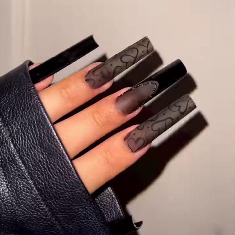 Matte Black Press-On Nails Long Coffin Shape French Style Wearable Nail Tips Women Gel Nail Style