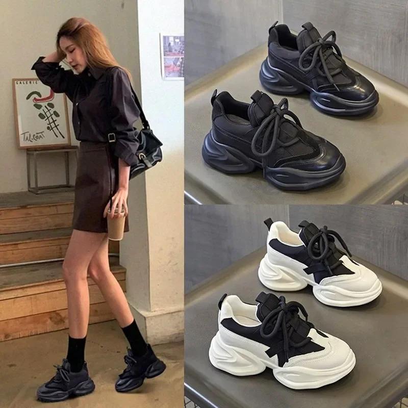 Fashion Casual Breathable Sneakers for Woman Lace-Up Height Increasing Sports Shoes Comfort Soft-soled Trainers Platform Running Shoes