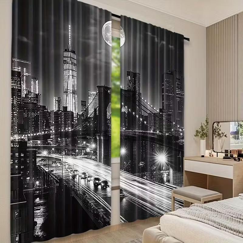 2pcs Stylish Black White Cityscape & Moon Pattern Curtains, Designed for Light Blocking, Premium Material, Suitable for Living R
