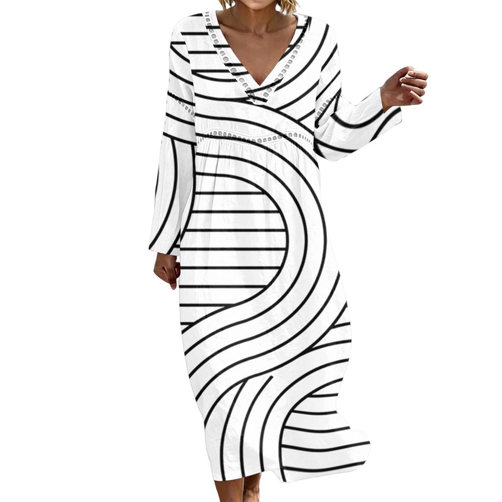 Fashionable lady's V-neck mid-length casual long-sleeved dress