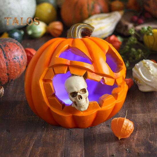 Halloween Pumpkin Eating Skull Figurine with Lights Spooky Light-up Pumpkin Head Resin Statue Sculpture Home Office Desktop Decoration Ornament