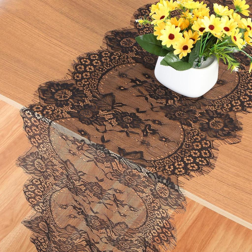 Black Lace Table Runner, 14x118 Inch Vintage Lace Table Cloth, Embroidered Boho Tables Runner for Rustic Wedding Tables Decorations, Bridal Shower,