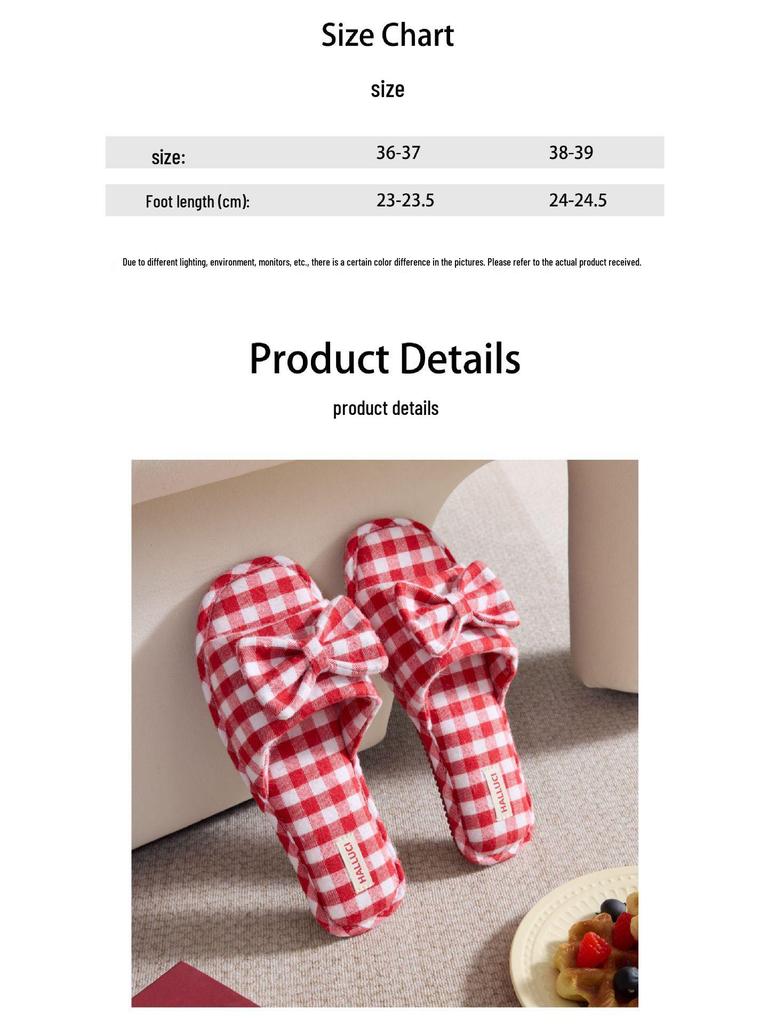 Four Seasons Plaid Bow TPR Sole Non-Slip Durable Women's Indoor Slippers