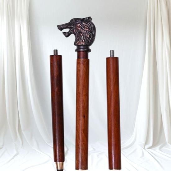 Wooden Walking Cane with Antique Wolf Head Handle Birthday gift Home Decor