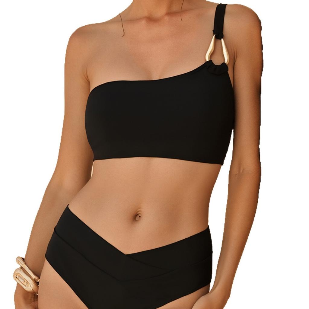 Solid One Shoulder Low Waist Sexy Bikini Set Elegant Comfortable Two Piece Swimwear