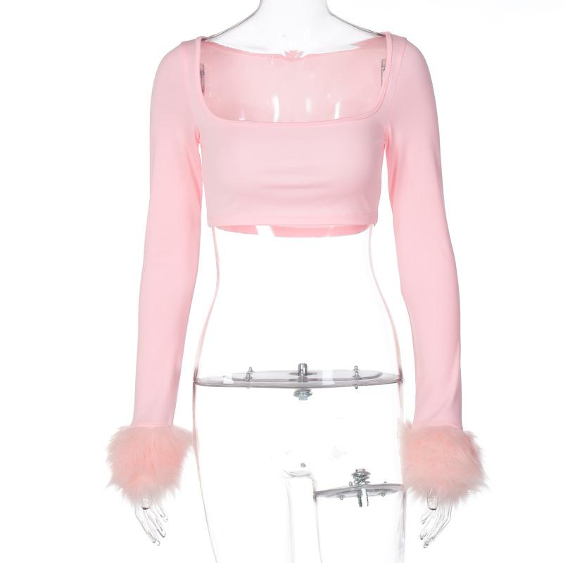 Square Neck Long Sleeve T-Shirts Women 2022 Fashion Cute Feather Top faux fur Sexy Y2K Crop Top Streetwear Tee Shirt femme