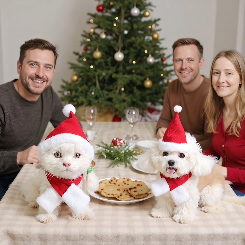 Cat Christmas Costume Santa Hat with Scarf &Small Dogs - Funny Santa Hat and Scarf Outfit for Holiday Photos, Dress Up&Parties Adjustable Cat