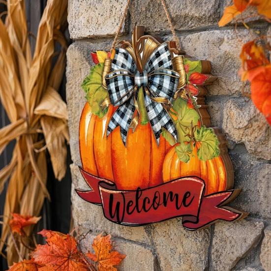 High-definition Printed Pumpkin Fall Welcome Sign, Thanksgiving Door Hanger, Wooden Decor Solid Wood Hanging Porch Sign for Autumn Harvest Farmhouse