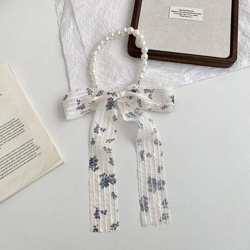 Silk Scarf Long Strip High-end Floral Pearl Necklace Small Scarf Streamer Hair Rope Silk Scarf Bag Winding Floral Headscarf