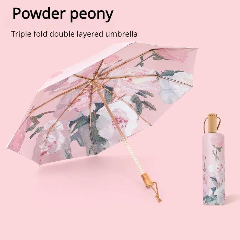 Double Layer Umbrella Wood Handle Vintage Floral Three Fold Umbrellas Foldable Uv Protection Sunshade Sun Protection Umbrellas