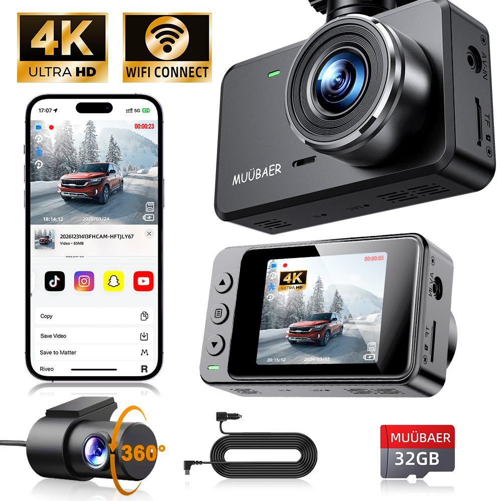 

4K Front Rear Dash Cam, 2 IPS Screen, WiFi, 360° Rear View, Night Vision, Loop Recording, Parking Monitor, Free 32GB Card 4K Dual dashcam 32G