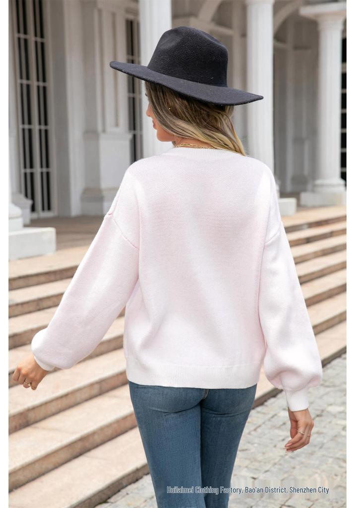 2026 Winter Valentine's Day Heart Pattern Round Neck Knit Pullover Sweater for Women - Plus Size Available