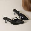 2025 Spring New Pointed Rhinestone High Heels Women's Empty Slippers Thin Heel Bag Head Black Waterproof Table Half Slippers