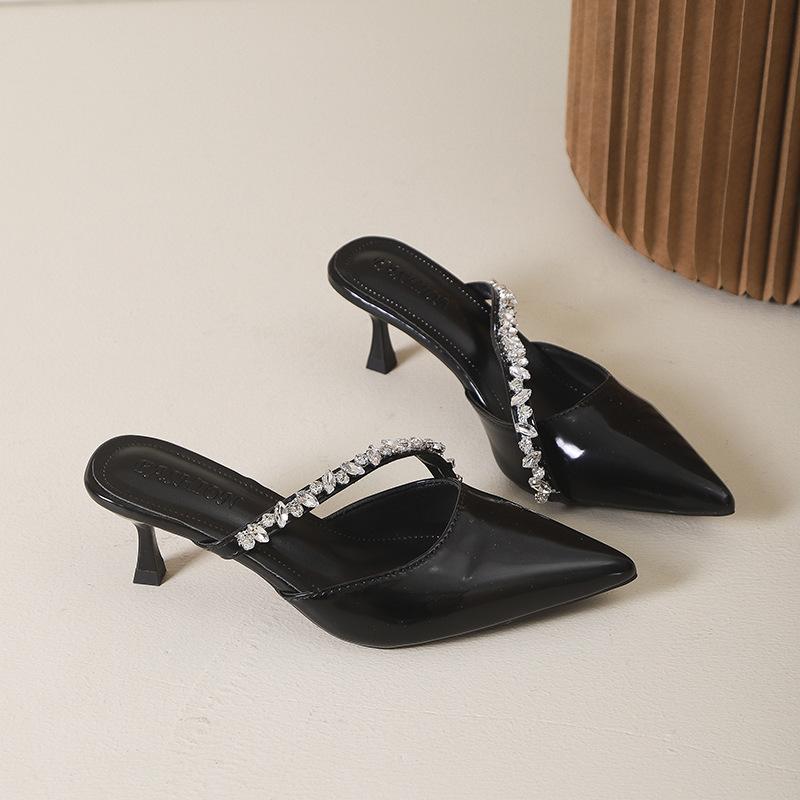 2025 Spring New Pointed Rhinestone High Heels Women's Empty Slippers Thin Heel Bag Head Black Waterproof Table Half Slippers