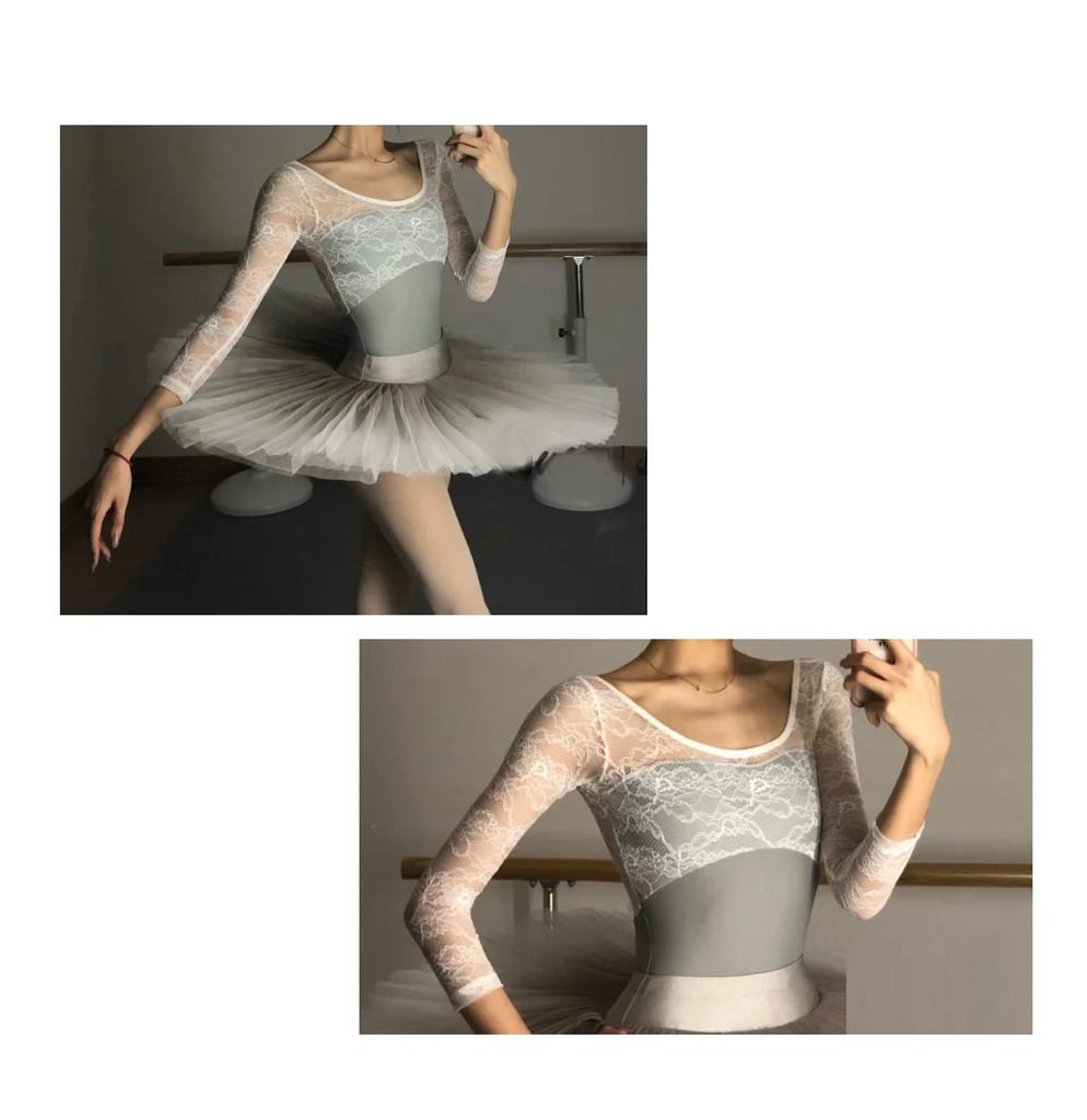 ProDance Long Lace Ballet Leotard In 4 Colors Gray Women's (PLL016B) (XXL, Set)