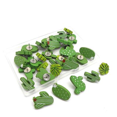 Confezione da 30 cartoni animati cactus foglia miniature mappe da parete puntine da disegno puntine in acciaio per foto mappe bacheche in sughero pennarelli