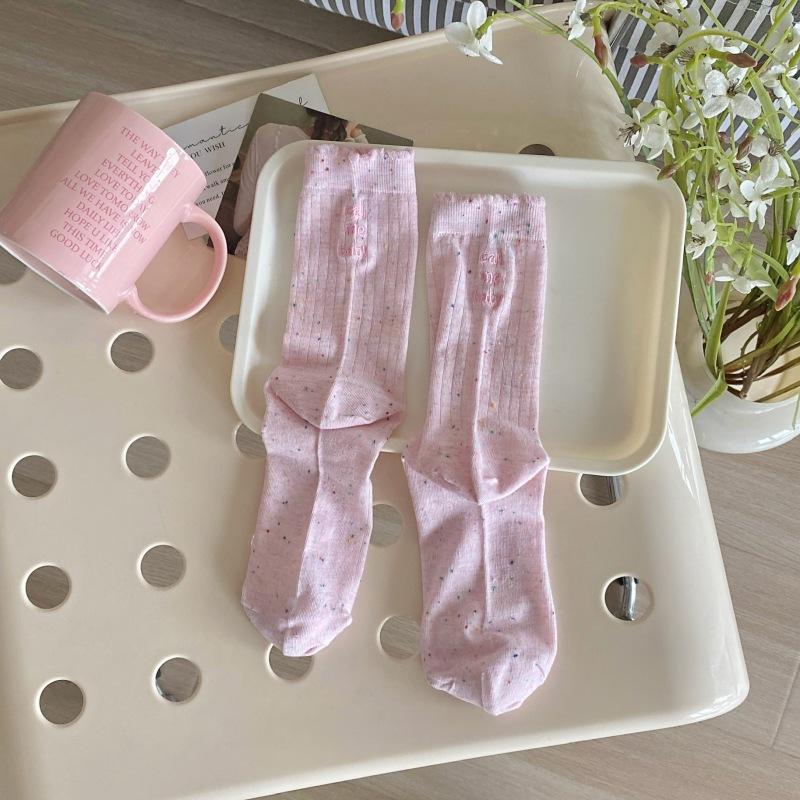 

Женские весенне-летние тонкие простые носки-цилиндры с вертикальной полоской, кружевом и вышивкой букв, дышащие 1 pair розовый