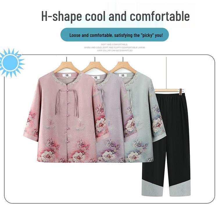 Chinese Style Summer Suit: Fashionable Three-Quarter Sleeve Two-Piece Set for Middle-Aged and Elderly Women