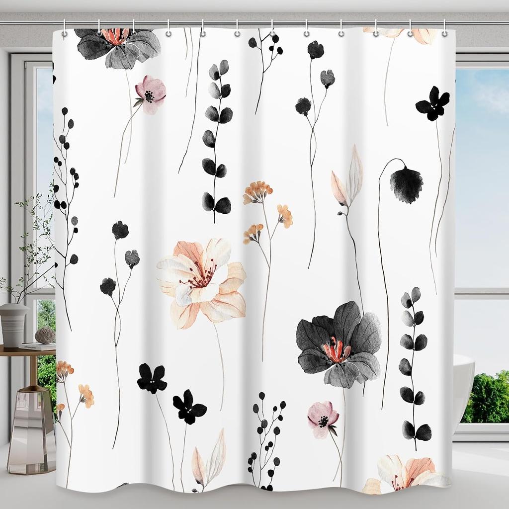 Shower Curtain Watercolor Flower Shower Curtain Sets - Spring Burnt-Orange Floral Plant Shower Curtains for Bathroom