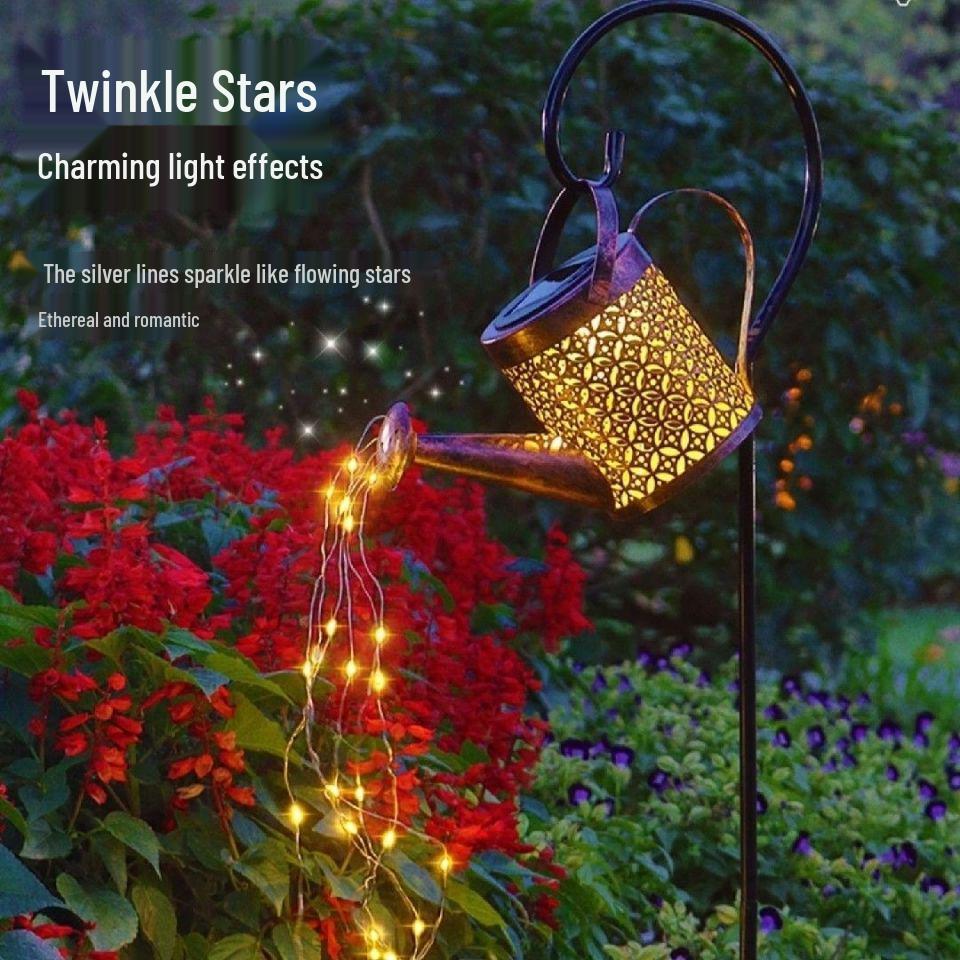 Solar Kettle Light: Outdoor Garden Decoration with Wrought Iron Water Sprinkler