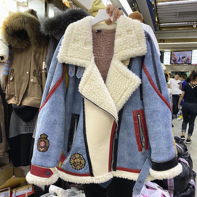 Winter new stand-up collar locomotive suit denim splicing lamb wool jacket women's picture color other