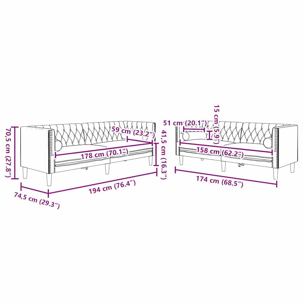 Living Room Sofa 2 Pcs Black 194 X 74.5 X 70.5 Cm Velvet