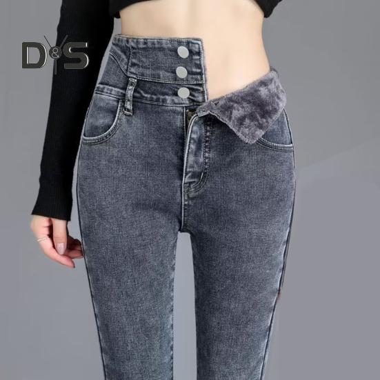 Women Winter Jeans High Waist Faux Fur Lining Slim Fit Button Closure Soft Warm Thick Solid Color Pockets Pencil Pants Lady Autumn Trousers