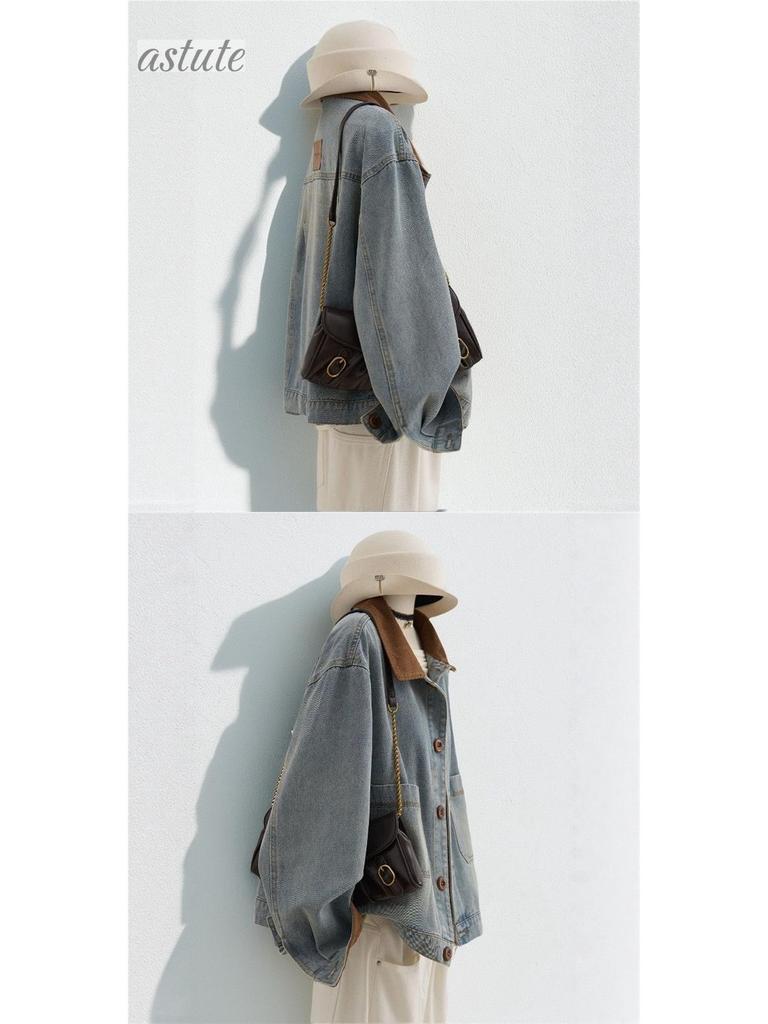 Women's Cross-Color Patchwork Corduroy Denim Jacket - Loose, Casual, Short Spring/Autumn Outerwear