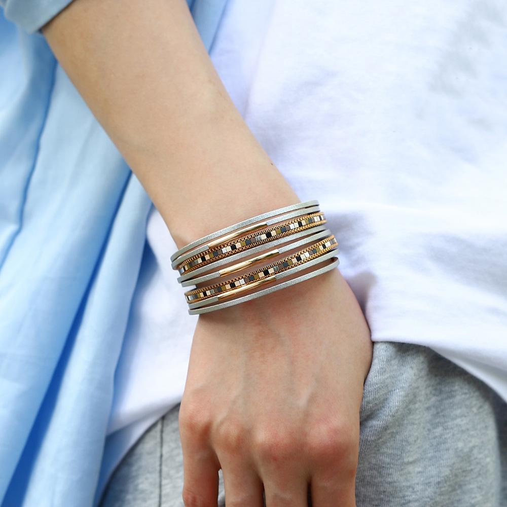 Square Leather Bracelet for Women Boho Tube Multilayer Wrap Wide Bangle Party Jewelry Accessory