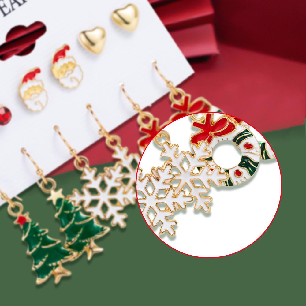 6-częściowy zestaw modnych i prostych kolczyków damskich, zestaw z serii świątecznej, kolczyki z wzorem Świętego Mikołaja, choinki, płatka śniegu
