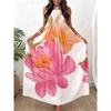 Womens Halter Neck Floral Printed Pleated Lace Up Vacation Long Dress