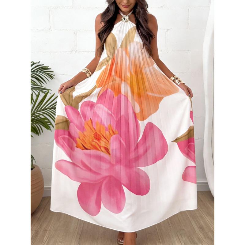 Womens Halter Neck Floral Printed Pleated Lace Up Vacation Long Dress