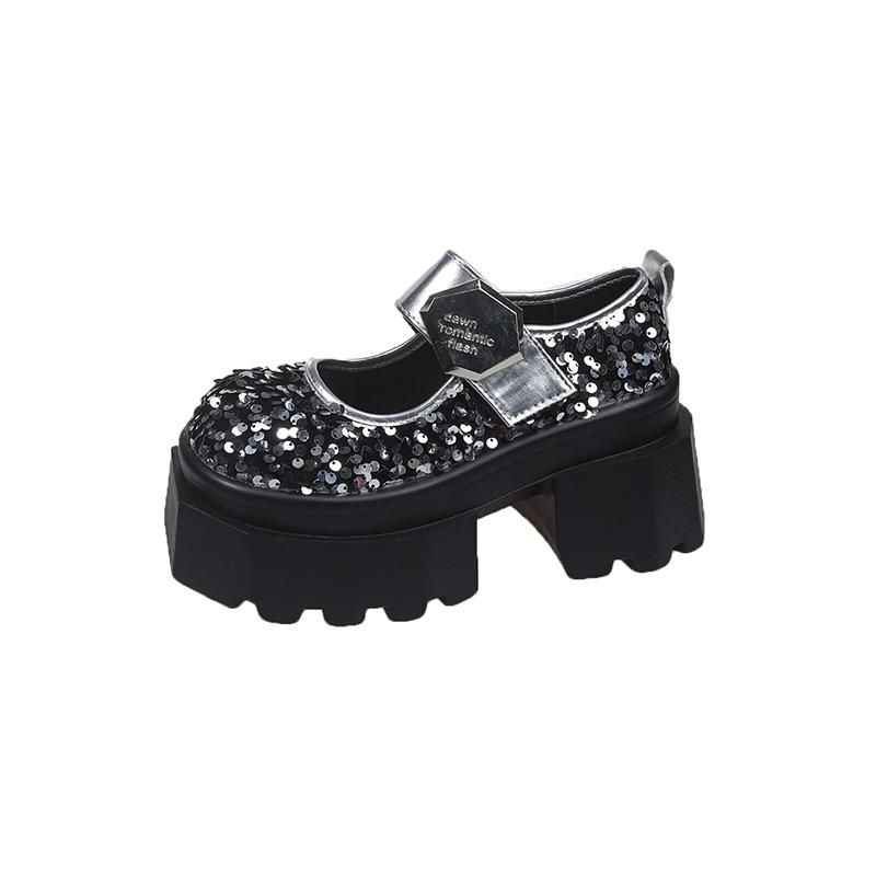 Fashion 8CM Blingbling Leather Chunky Heels Pumps Spring Summer Ankle Boots Mary Jane Chunky Heels comfort Platform Women Shoes