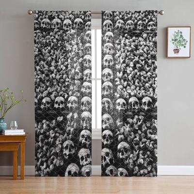 Schwarze Totenkopf-Tüllvorhänge für Wohnzimmer, Schlafzimmer, Dekoration, moderner Chiffon, durchsichtiger Voile-Küchenfenstervorhang