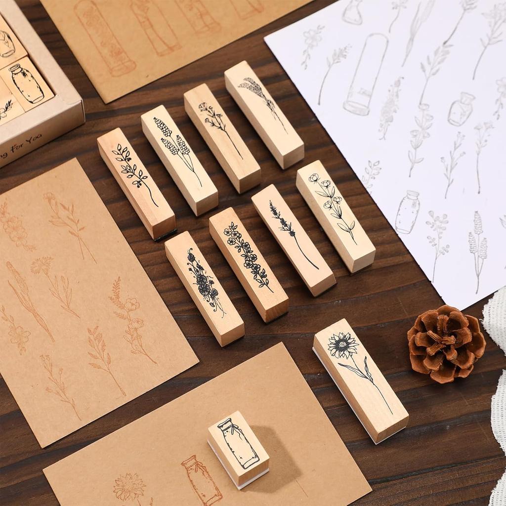 Marspark 31 Pieces Vintage Wooden Rubber Stamps Flower Plant Decorative Cute Wood Mounted Stamps Set for DIY Craft, Scrapbook, Journaling and Letters
