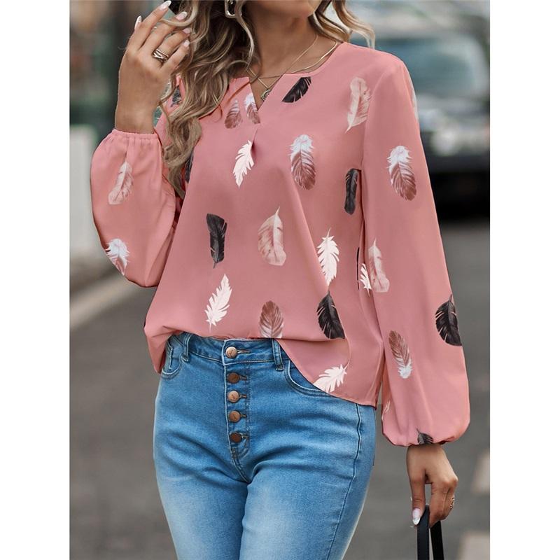 New European And American Women's V-neck Feather Print Long-sleeved Loose T-shirt Large Size Casual All-match Top