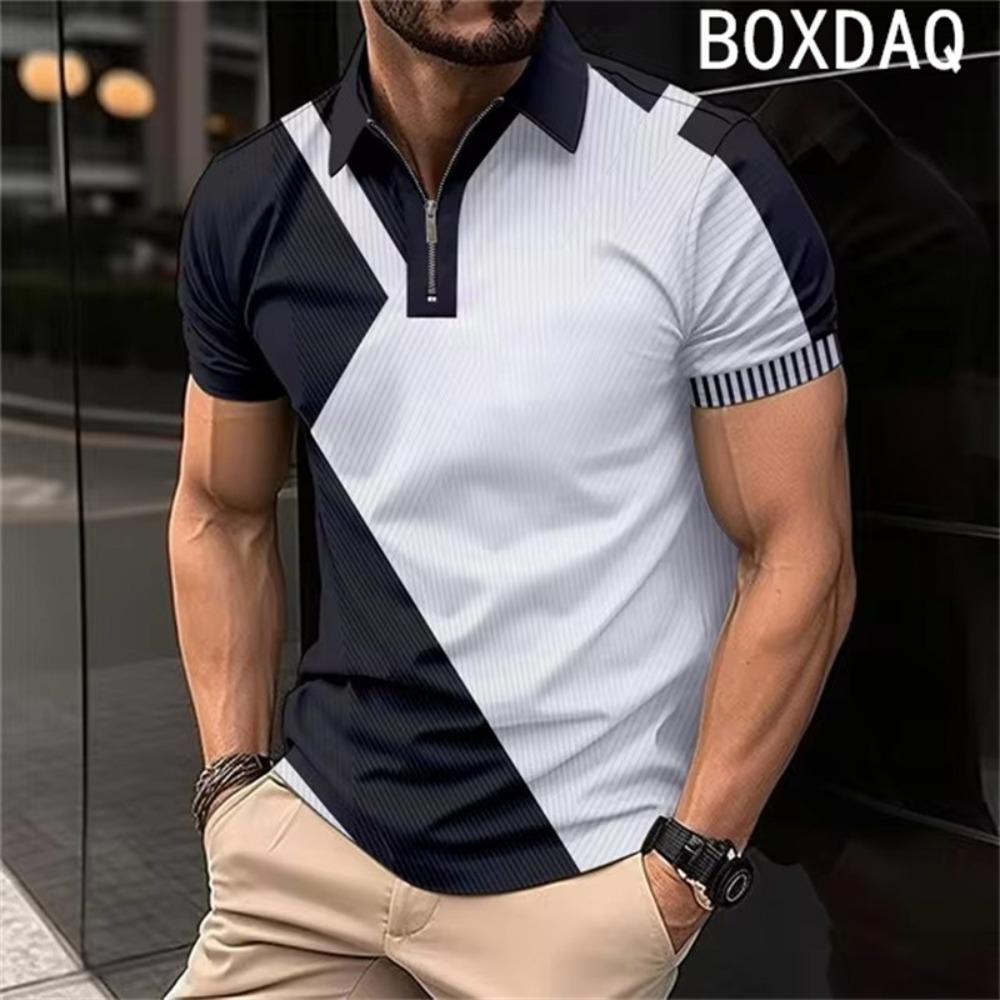 Men's Short Sleeved Shirt, Fashionable Geometric Pattern Patchwork Shirt, Men's Summer Sports Polo