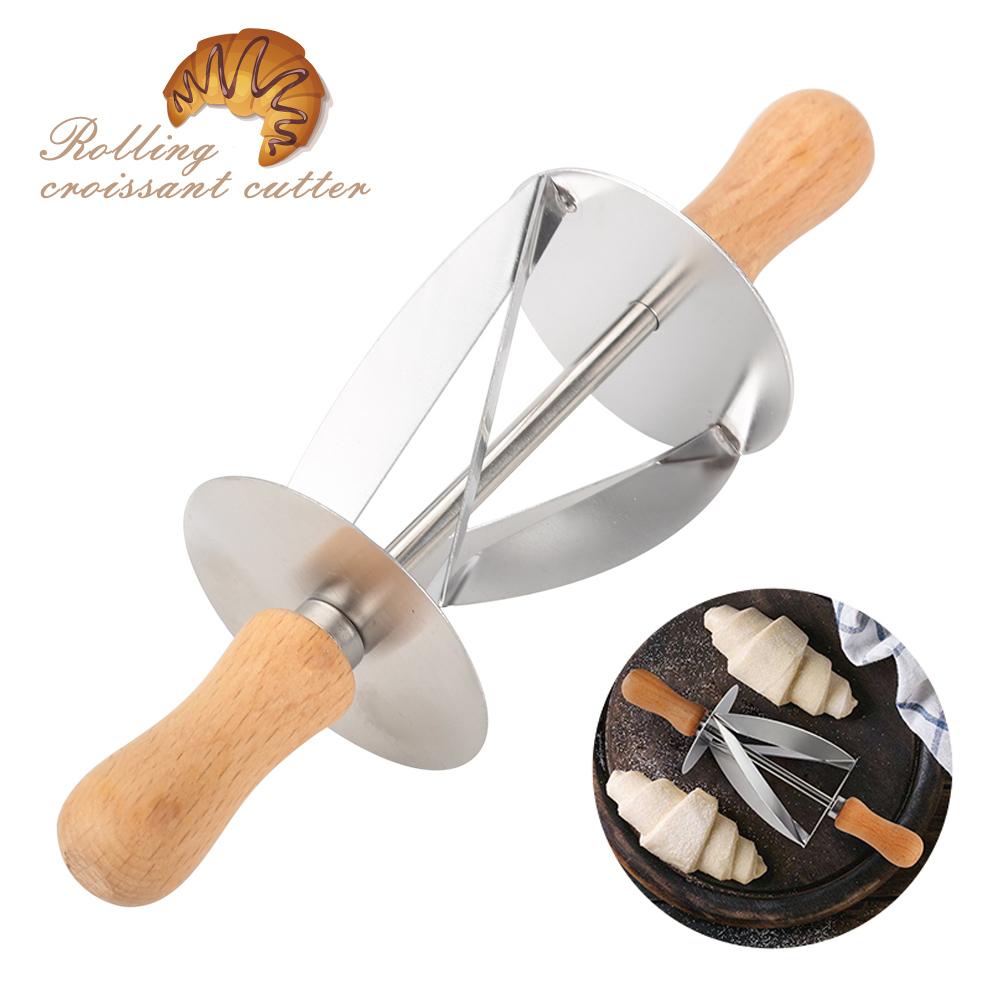 Stainless Steel Croissant Rolling Cutter Bread Dough Pastry Making Tool with Wooden Handle