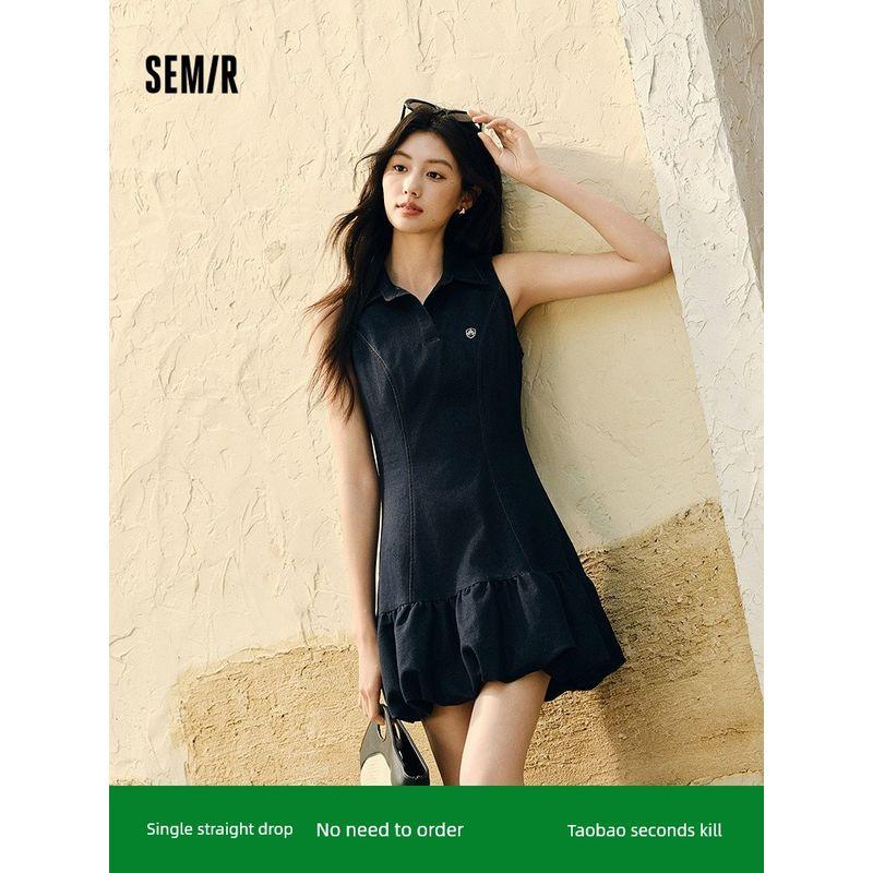 

Senma Dress Women Polo Collar Sleeveless Flower Bud Skirt Sweet Cool 2025 Summer New Gyaru Split Short dress Small Dark blue 80801 165/88A/L