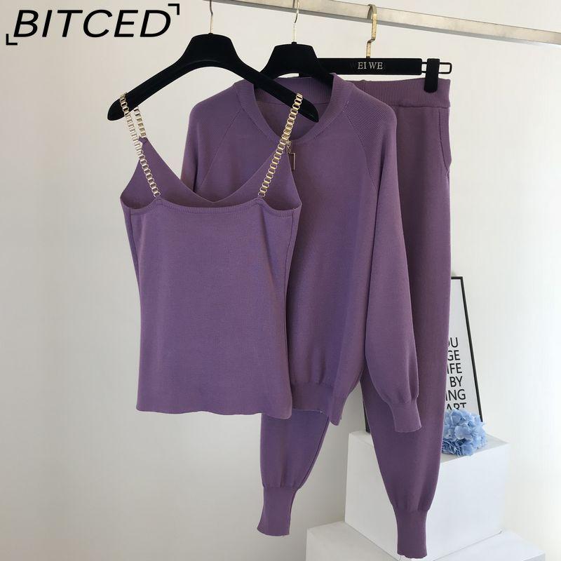 BITCED Women's Vest Knitted Jacket + Small Leg Elastic Pants Three-piece Set