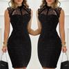 Women Dress Waist Tight Sleeveless with Sequins Lace Stitching Stand Collar Spring