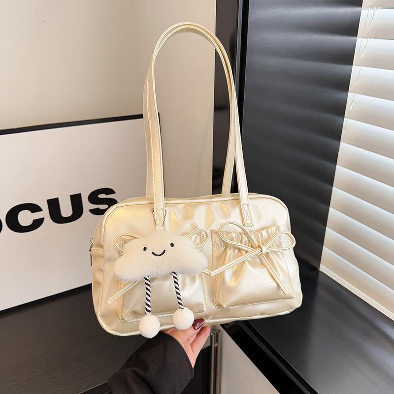 Fashion Faux Leather Shoulder Bag with Cute Cloud Charm Handbag, Bow Accent Multi Pocket Design, Casual Underarm Purse for Daily